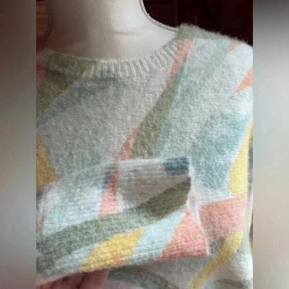 Rachel Zoe Fuzzy Crew Neck Green Pink 80s Retro Styled Sweater size small - Picture 3 of 7